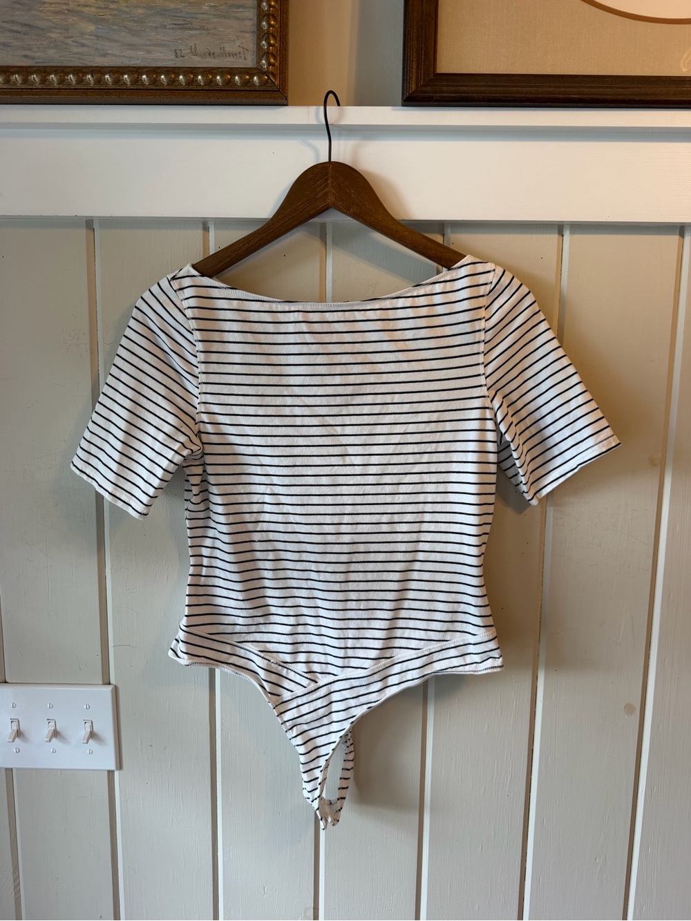Free People White and Black Striped Boatneck Short Sleeve Bodysuit, Size Large